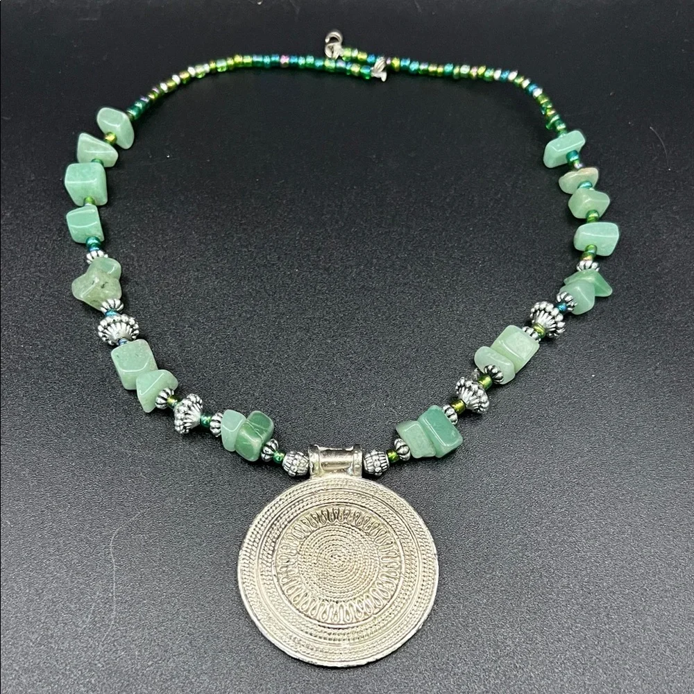 Artisan Handmade Green Stone 20” Necklace with Silver Medallion Pendant - Picture 1 of 10